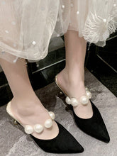 Women Faux Pearl Decor Mules, Polyester Point Toe Elegant Pumps Black